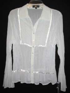 ELEMENTZ ~ $45 DESIGNER White Sheer PLEAT FRONT Blouse Top Shirt~ SZ 