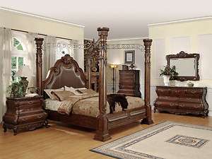   Victorian Cherry King Canopy Poster Leather Bed Marble Set NEW  