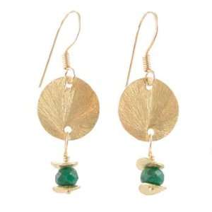 Brushed Satine Gold Vermeil Disc Dangle Earrings with Emerald Gemstone 