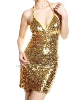 gold lady cotton sequins backless cocktail mini dress  