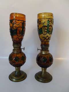 TWO VINTAGE SMALL KEROSENE LAMPS STAINED GLASS LOOK  