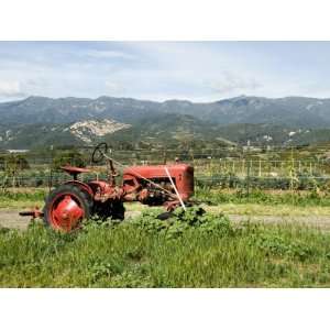 Red Tractor on Farm with Mountains in the Background, California 