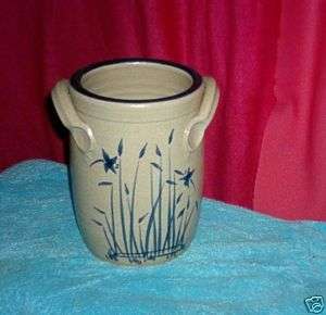 STONEWARE WITH BLUE HANDLED HANDLE CROCK CATTAILS  