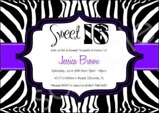 Customized Birthday Party Invitation ~ Sweet 16 Zebra  