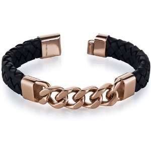   Black Woven Leather Rose Gold Plated Steel Bracelet peora Jewelry