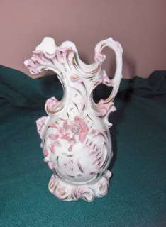 Vntg Mini Porcelain Urn Vase Pitcher White Pink Roses  