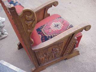   Heavily Carved Figural Fireside OAK Arm Chair Throne Arts Crafts