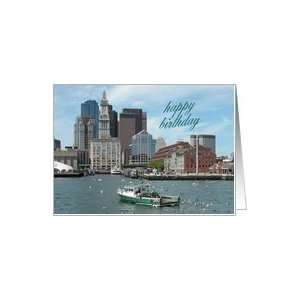 Birthday Wishes Fishing Boat and Boston Waterfront Card