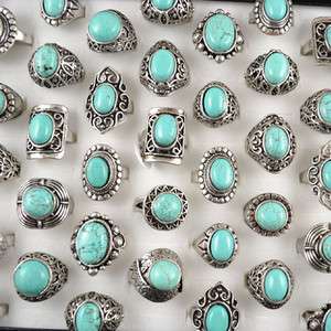   50pcs Antique Silver Plated Beads Vintage Turquoise Rings R194  