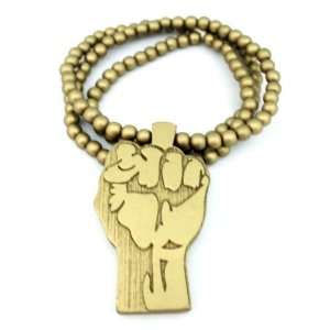 Gold Wooden 2D Fist Pendant with a 36 Inch Beaded Necklace Chain Good 